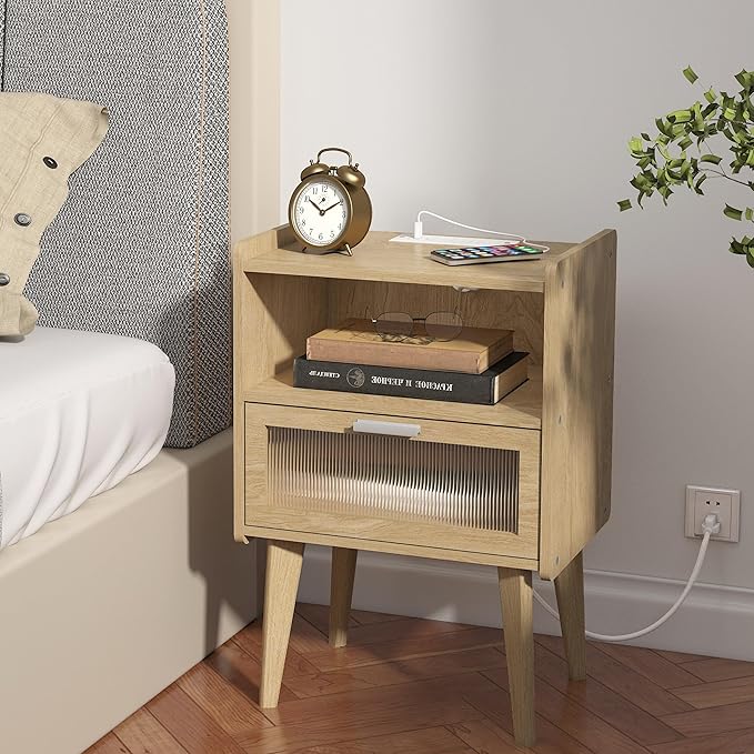 Nightstand with Charging Station, Bedside Tables with Glass Decorative Door, Natural End Table, Side Table with 2 Tiers Storage Space for Bedroom Living Room CAMLBZ07YE
