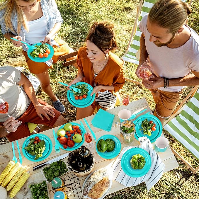 durony 350 Pieces Teal Blue Party Supplies Teal Blue Dinnerware Set Paper Plates Cup Napkins Serve 50 Guests for Birthday Wedding Baby Shower Party Family Picnic