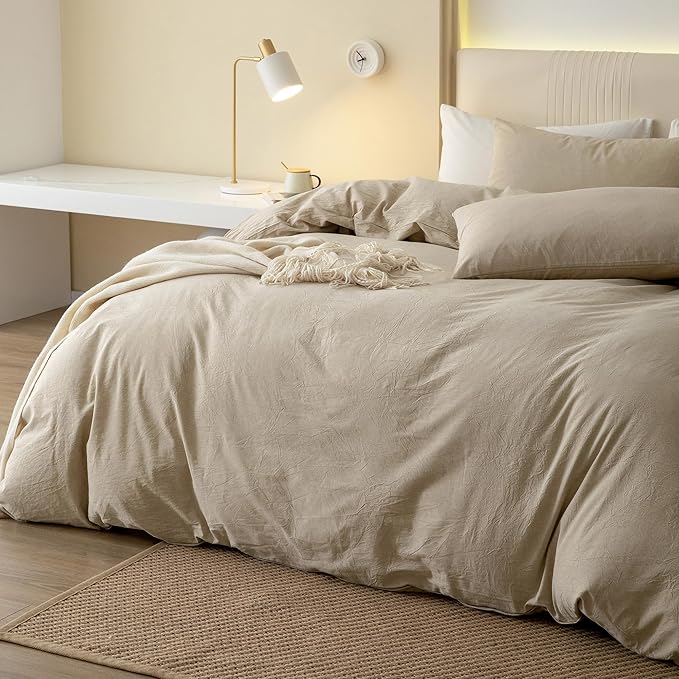 JIYUAN 100% Washed Cotton Duvet Cover Set 3 Pieces King, 1 Duvet Cover 104x90 Inches(Comforter Not Included) and 2 Pillowcases,Linen Feel Bedding Set Comfy and Breathable, Heathered Tan