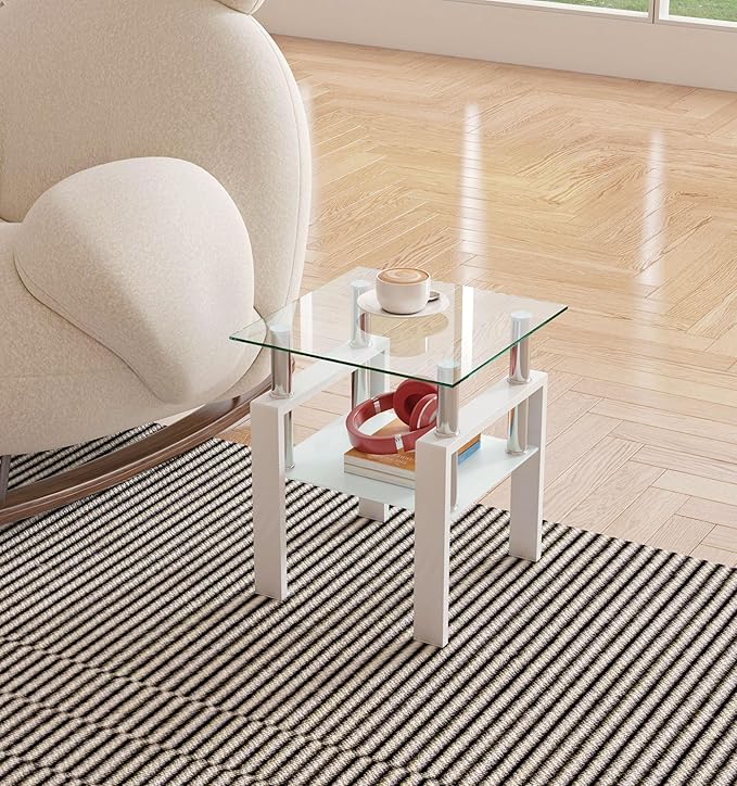 IANIYA Modern Glass End Table, 2-Tier Side Table with Tempered Glass Top & Metal Legs, Night Stand Corner for Living Room, Bedroom, White