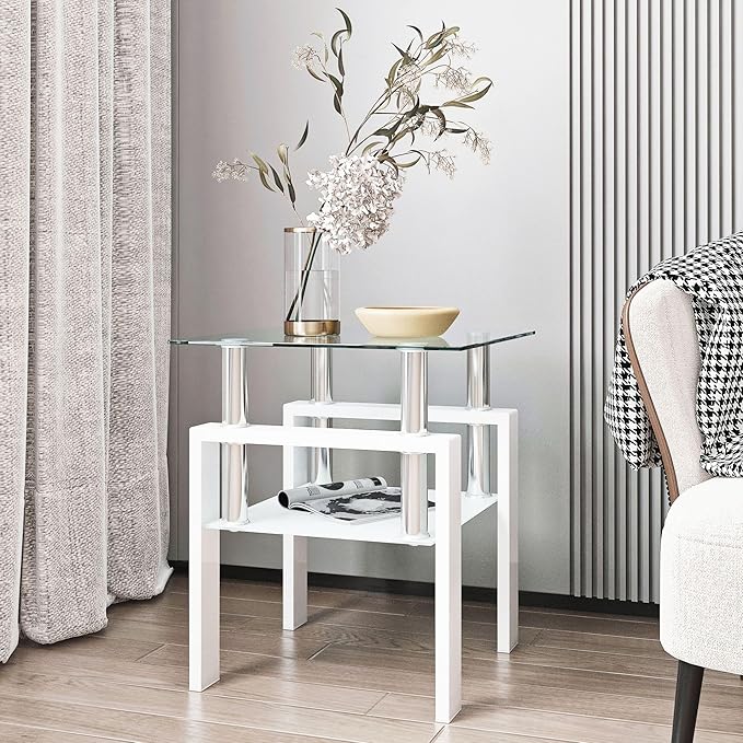 IANIYA Modern Glass End Table, 2-Tier Side Table with Tempered Glass Top & Metal Legs, Night Stand Corner for Living Room, Bedroom, White