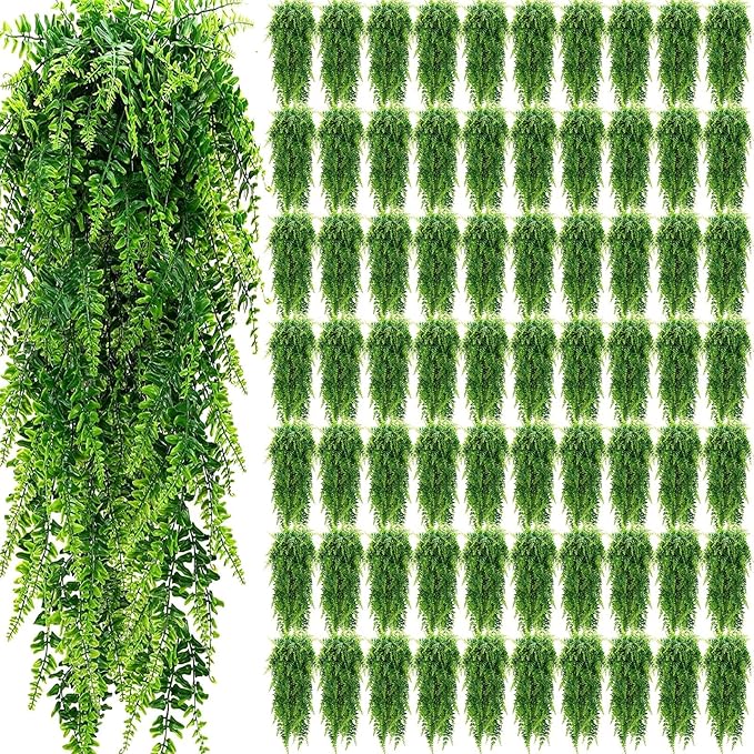 Geosar 110 Pcs Artificial Hanging Plants 32 Inch Hanging Boston Ferns Plastic Fake Plants for Wall Room Garden Wedding Garland Indoor Outdoor Decoration, No Basket