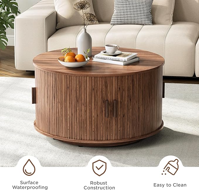 Round Coffee Table with Storage,31.5" Drum Coffee Table with Sliding Tambour Door,Mid Century Modern Coffee Table with Sliding Cabinet Door for Living Room Walnut Brown
