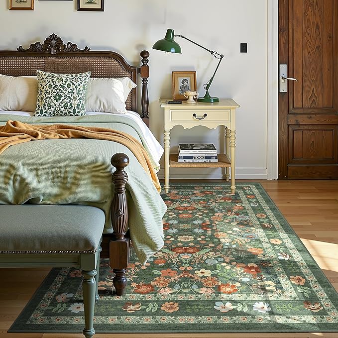 Green Floral Area Rugs 4x6 Washable Living Room Bedroom Carpet - Vintage Boho Thin Non-Slip Soft Low Pile Floor Mat Indoor Home Decor for Dining Room Playroom Farmhouse, Green/Multi