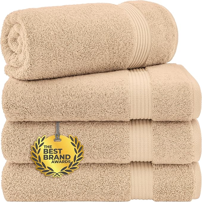 Cotton Paradise 4 Piece Turkish Bath Towels for Bathroom, 100% Cotton Extra Large Soft Plush Towels Bathroom Set, Beige