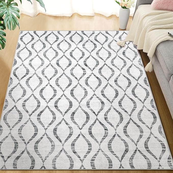 WITSHOCK 6x9 Grey Living Room Rug - Boho Soft Modern Geometric Low Pile Print Pattern Rug for Bedroom Dining Room, Large Thin Indoor Carpet for Nursery Playroom Decor, Kid & Pet Friendly