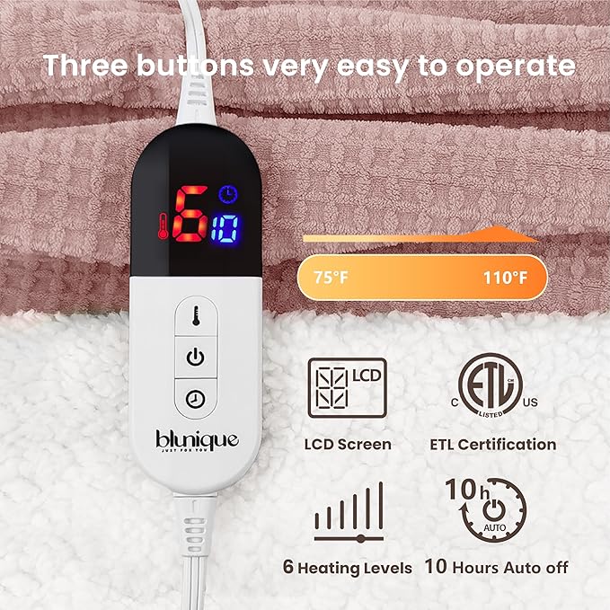 Heated Blanket Electric Blanket Twin Waffle, 62x84 Inches Sherpa Fleece Fast Heating Blanket 6 Heating Levels & 10 Hours Auto Off ETL Certification, Pink Twin