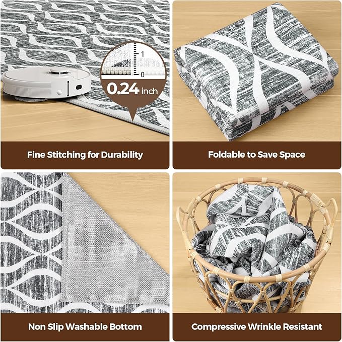 WITSHOCK Rugs for Living Room 5x7: Washable Non-Slip Soft Geometric Foldable Low Pile Large Boho Indoor Rug for Bedroom Dining Room, Carpet for Nursery Playroom Decor, Kid & Pet Friendly, Dark Grey