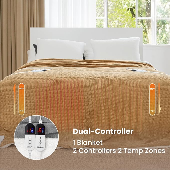 Heated Blanket Electric Blanket Queen Waffle, 84x90 Inches Dual Controllers Sherpa Fleece Fast Heating Blanket 6 Heating Levels & 10 Hours Auto Off ETL Certification, Apricot Orange Queen