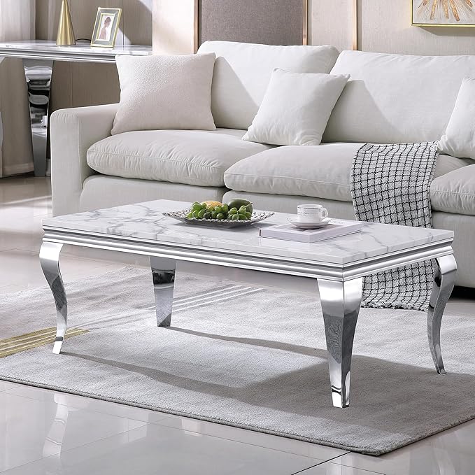 SSLine Rectangular Faux Marble Coffee Table for Living Room Modern Luxury White Marble Center Table with Silver Curved Legs 46.8" Mid-Century Cocktail Table with Mirrored Stainless Steel Frame