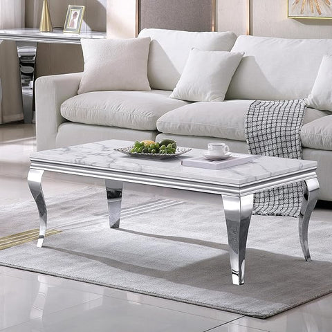SSLine Rectangular Faux Marble Coffee Table for Living Room Modern Luxury White Marble Center Table with Silver Curved Legs 46.8" Mid-Century Cocktail Table with Mirrored Stainless Steel Frame