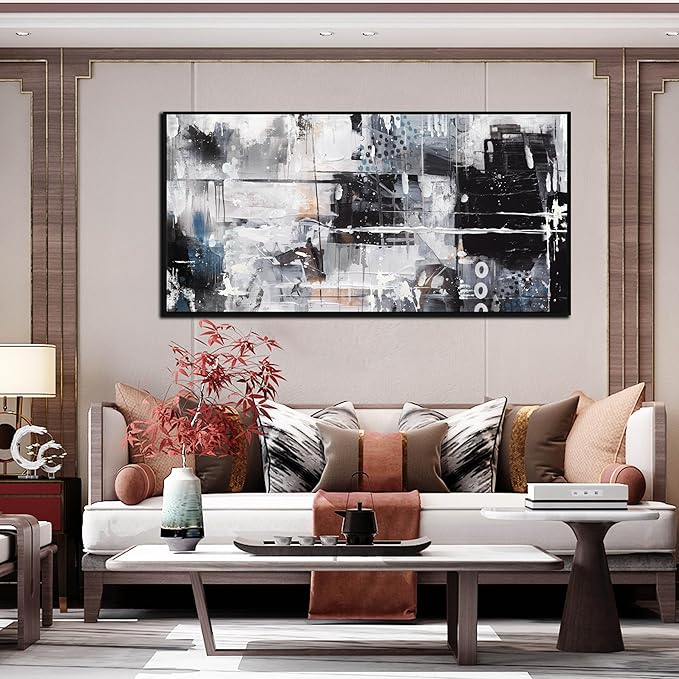 Black and White Abstract Wall Art - Modern Wall Art Living Room - 24" x 48" Framed