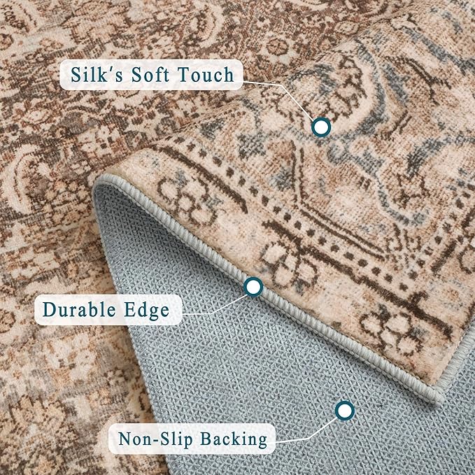 vivorug 5x7 Area Rugs - Ultra-Thin Washable Rug with Non-Slip Backing, Ideal for Living Room, Bedroom, Kitchen Floor Carpet - Vintage, Easy Clean, Durable, Sand/Antique
