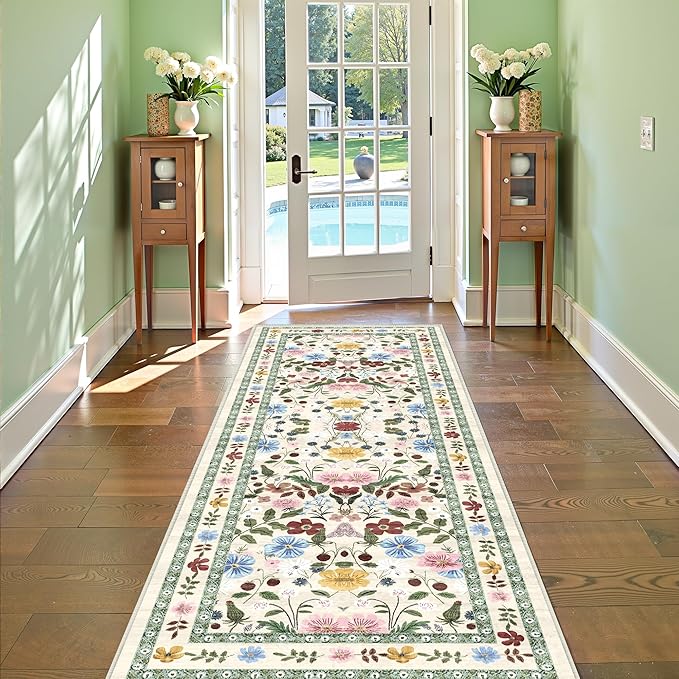 Deerly Floral Runner Rug 2x6 for Hallway Vintage Boho Washable Bathroom Kitchen Bedroom Runner Rugs Non-Slip Soft Low Pile Thin Indoor Carpet for Laundry Room Farmhouse, Beige/Green/Multi