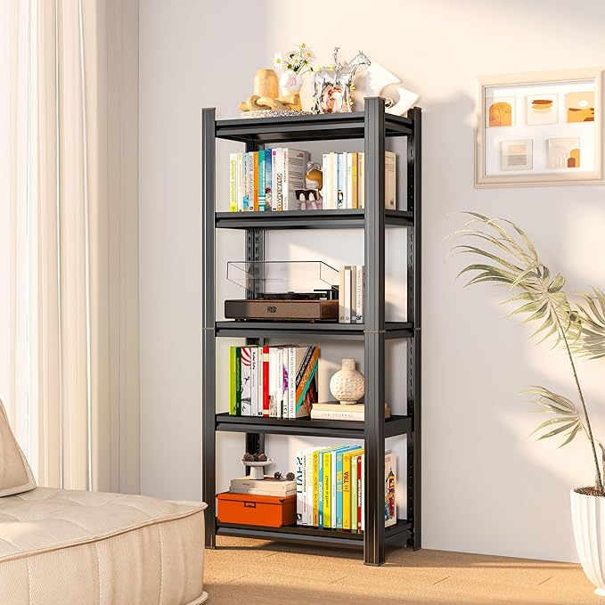 Tall Bookshelf with Open Shelves, Metal Office Book Shelf, Adjustable Organizer Bookcase, Standing Storage Organizer Shelf for Living Room (27.6 W*13.8" D*63" H)