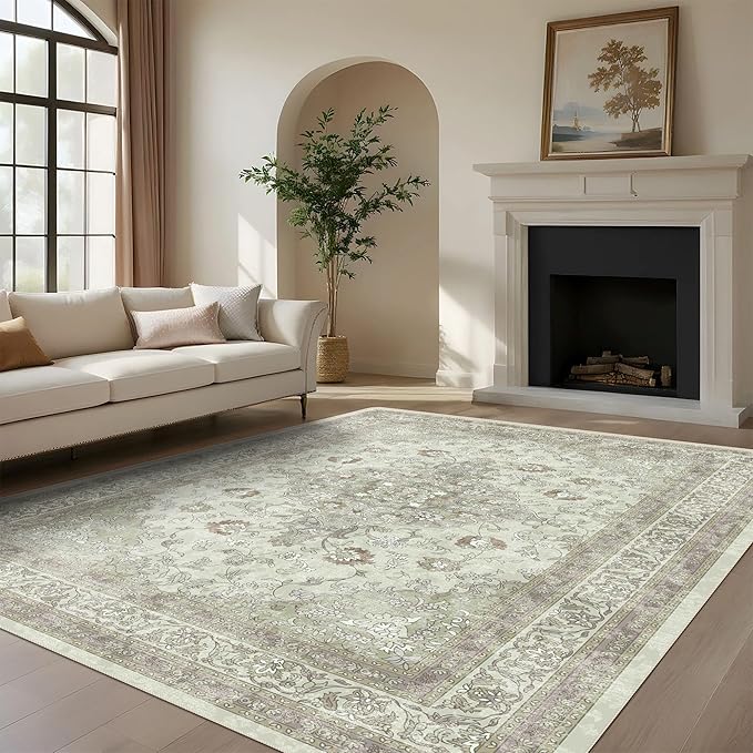 vivorug Sage Green 9x12 Area Rugs for Living Room, Non Slip Machine Washable Vintage Rug, Ultra-Thin Lightweight Large Area Rug for Bedroom, Dining Room, Low Pile Rug