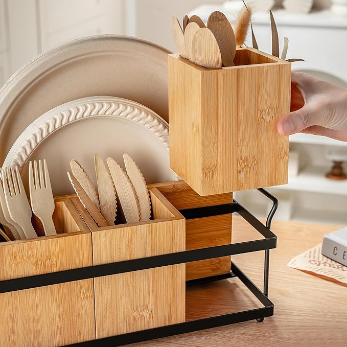 PTSTING Silverware Caddy Wood Holder Paper Plate Dispenser Utensil Caddy Cutlery Flatware Organizer Box for Spoons Forks Plates Napkins