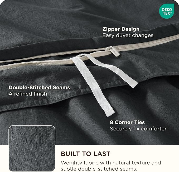 Bedsure Cotton Duvet Cover King - Luxury Slub Weave 100% Cotton Duvet Cover Set with a Linen Like Textured, Easy Change Durable Bedding Set 3 Pieces, Charcoal, 104" x 90"