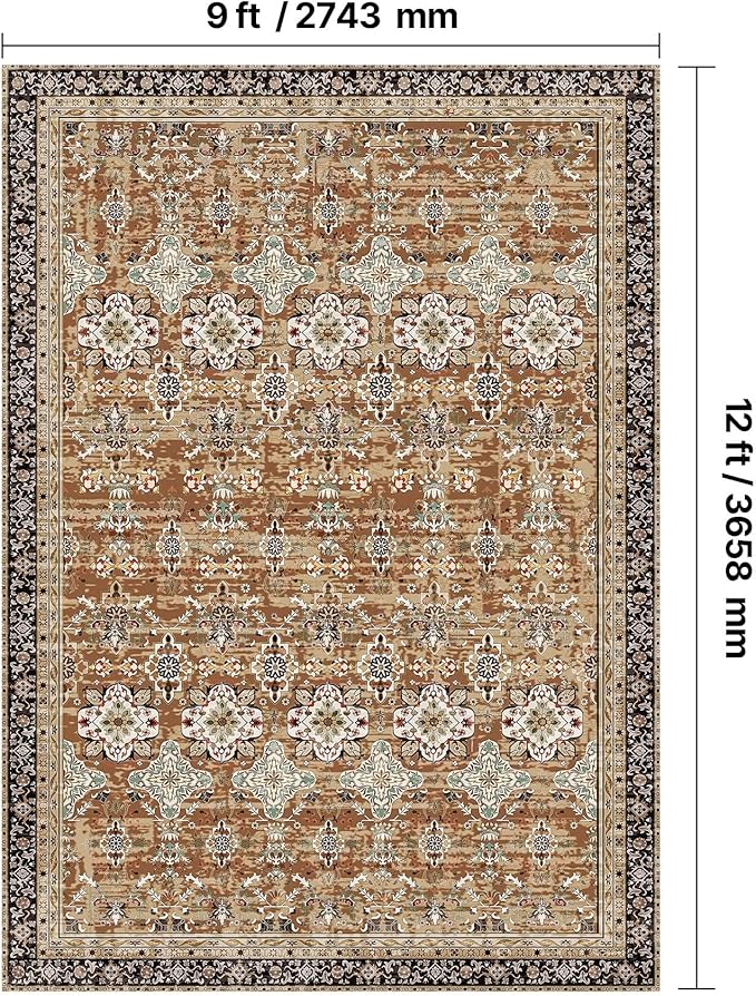 VEVOR 9 x 12 ft Area Rug Large Washable Rug Non-Slip and Tear-Resistant Soft Carpet Pet & Child Friendly Vintage Area Rugs Indoor Mat for Bedroom Living Room Kids Room Office Brown Green