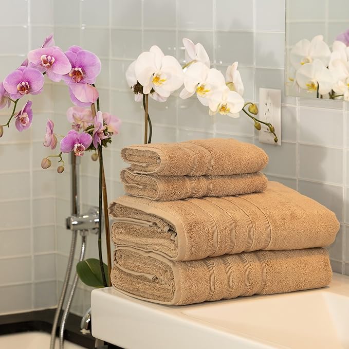Mosobam Luxury Turkish 4pc XL Towel Set 35X70 16X30 Light Taupe Oversize 700 GSM Bamboo Viscose & Aegean Turkish Combed Cotton
