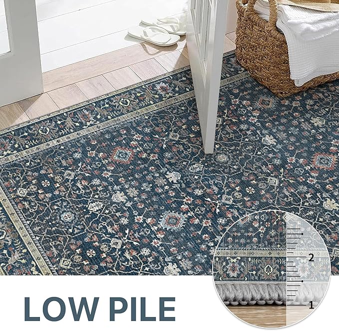 GENIMO Washable Area Rugs for Living Room Bedroom, 6x9 Boho Vintage Non Slip Rug, Low Pile Soft Floral Indoor Floor Carpet Cover for Dining Room Kitchen, Retro Dark Blue