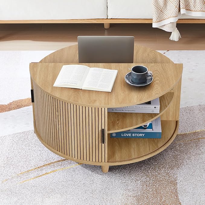 Round Coffee Table, Fluted Coffee Tables with Sliding Doors, Modern Circle Accent Center Table with Storage for Living Room, Apartment, Home Office (Natural)