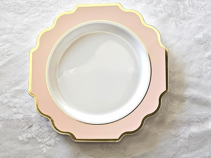 " OCCASIONS " 120 Plates Pack,(60 Guests) Heavyweight Premium Wedding Party Disposable Plastic Plates Set -60 x 10.5'' Dinner + 60 x 8'' Salad/Dessert(Imperial in Blush & Gold)