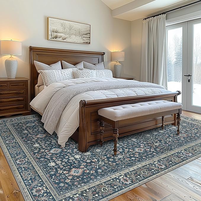 GENIMO Washable Area Rugs for Living Room Bedroom, 5x7 Boho Vintage Non Slip Rug, Low Pile Soft Floral Indoor Floor Carpet Cover for Dining Room Kitchen, Retro Dark Blue