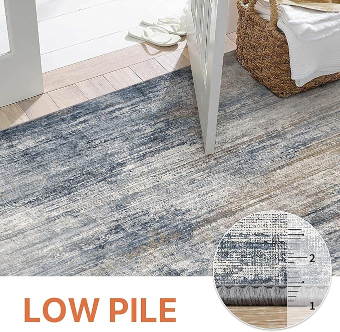 GENIMO Washable Area Rugs for Living Room Bedroom, 6X9 Modern Abstract Non Slip Rug, Low Pile Soft Contemporary Indoor Floor Carpet Cover for Dinning Room Kitchen, Denim Blue Gray