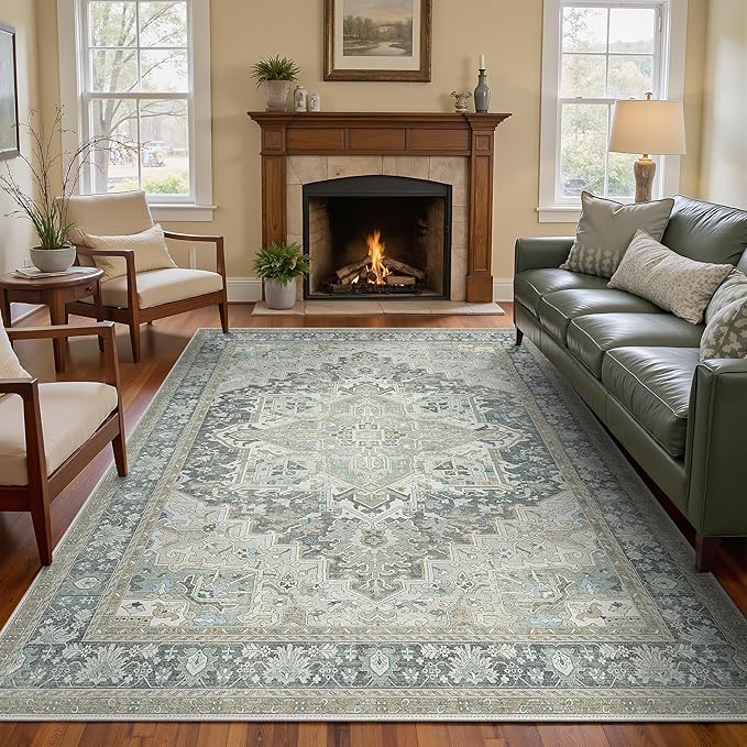 GENIMO 8X10 Area Rugs for Living Room, Machine Washable Vintage Floor Cover Foldable Modern Non Slip Rug, Low Pile Soft Indoor Carpet Floral Print Mat Rug,Bedroom/Dining Room/Home Office,Light Blue