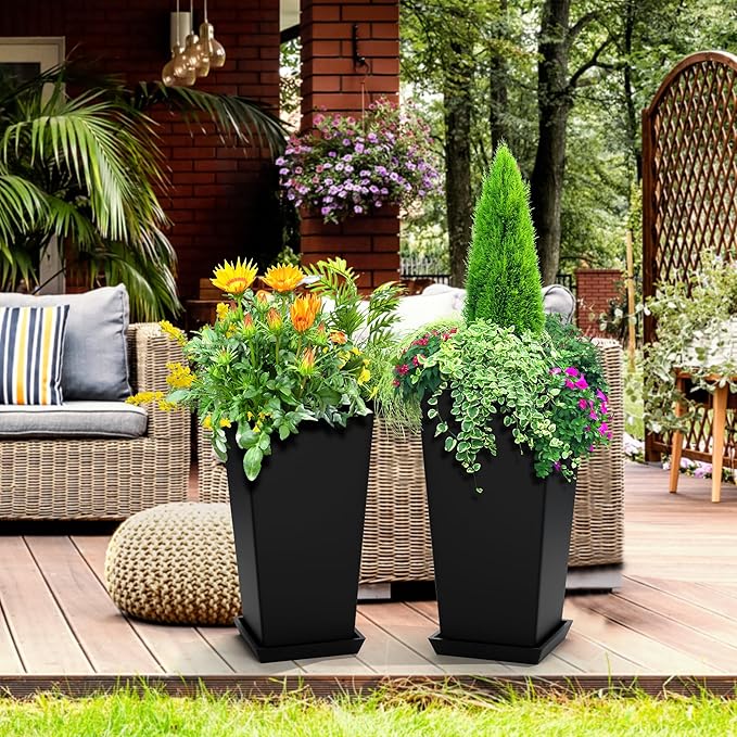 Elevens Set of 2 Tall Outdoor Planters 20 Inch, Large Planters for Indoor Outdoor Plants, Tapered Square Flower Pots with Tray for Patio,Black