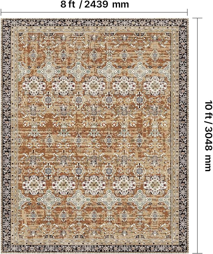 VEVOR 8 x 10 ft Area Rug Large Washable Rug Non-Slip and Tear-Resistant Soft Carpet Pet & Child Friendly Vintage Area Rugs Indoor Mat for Bedroom Living Room Kids Room Office Brown Green