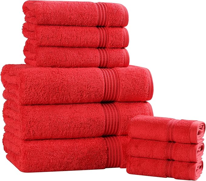 Superior Egyptian Cotton 9-Piece Towel Set, Assorted Towels for Home Bathroom, Master, Guest Bath, Decor Essentials, Includes 3 Bath, 3 Hand, 3 Face Towels/Washcloths, Quick Dry, Absorbent, Red