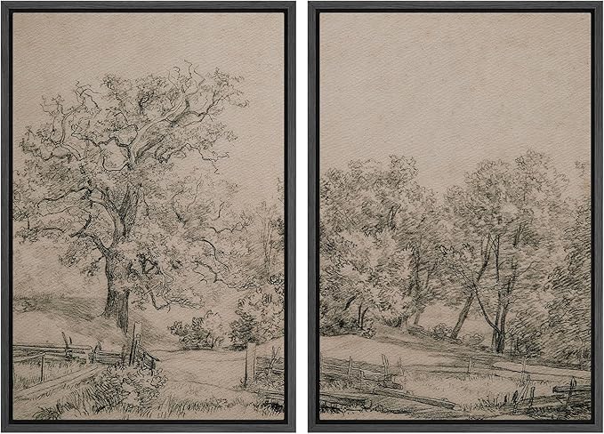 MUDECOR Framed Canvas Print Wall Art Ancient Tree and Country Road Sketch Classic Landscape Pencil Nature Wilderness Illustrations Decorative for Living Room, Bedroom, Office - 16"x24"x2 Black