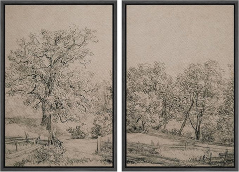 MUDECOR Framed Canvas Print Wall Art Ancient Tree and Country Road Sketch Classic Landscape Pencil Nature Wilderness Illustrations Decorative for Living Room, Bedroom, Office - 16"x24"x2 Black