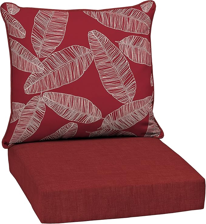 Arden Outdoor Deep Seat Cushion Set, 24 in x 24 in, Weather-Proof, Rain-Proof, Fade Resistant Patio Cushion for Chair, Sofa, and Couch Red Leaf Palm