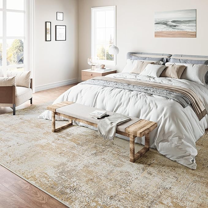 10x12 Washable Area Rug Gold Grey Neutral Abstract Living Room Bedroom Large Throw Rug Non Slip Soft Low Pile Indoor Floor Carpet for Dining Room Kitchen Office Entryway