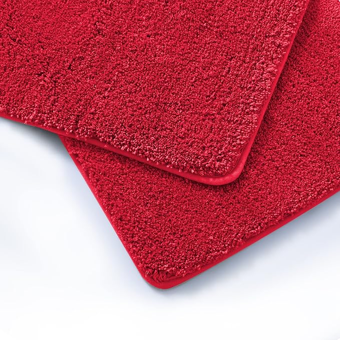 YHF Bathroom Rug Set 2Piece, Thick &Soft Microfiber Shaggy, U Shaped Contour, Machine Washable Bath Mats, Absorbent Bath Rugs, Non-Slip Rubber Backing Bath Mat for Bathroom Floor, Tub and Shower, Red