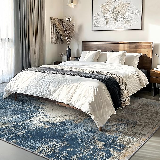 GENIMO Washable Area Rugs for Living Room Bedroom, 9x12 Modern Abstract Non Slip Rug, Low Pile Soft Contemporary Indoor Floor Carpet Cover for Dinning Room Kitchen, Slate Blue