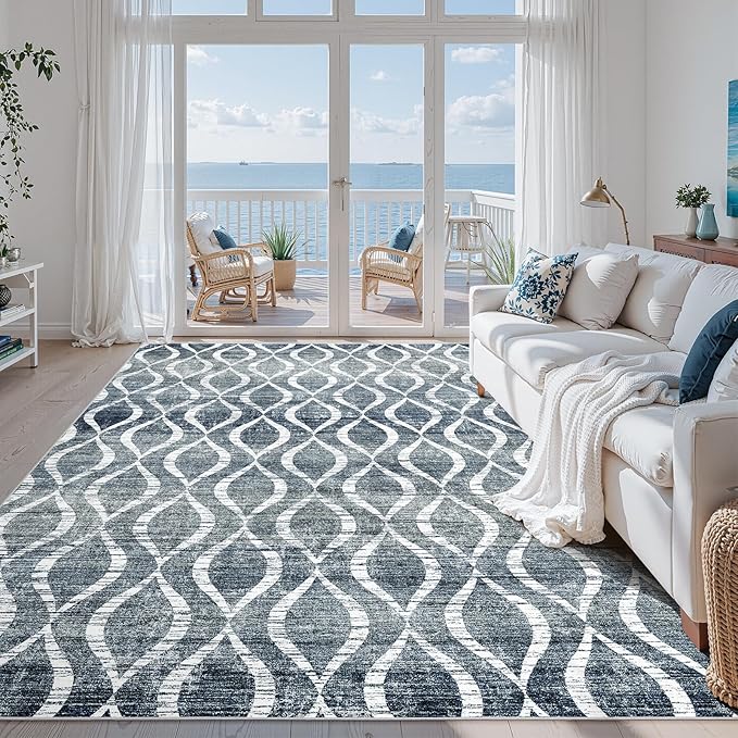 WITSHOCK Boho 8x10 Rugs for Bedroom - Washable Non-Slip Large Thin Indoor Rug for Living Room Dining Room, Soft Modern Geometric Low Pile Print Dark Blue Carpet for Nursery, Kid & Pet Friendly