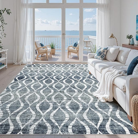 WITSHOCK Boho 8x10 Rugs for Bedroom - Washable Non-Slip Large Thin Indoor Rug for Living Room Dining Room, Soft Modern Geometric Low Pile Print Dark Blue Carpet for Nursery, Kid & Pet Friendly