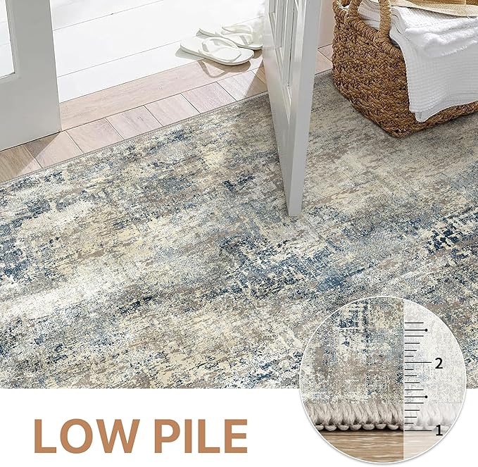 GENIMO Washable Area Rugs for Living Room Bedroom, 10x14 Modern Abstract Non Slip Rug, Low Pile Soft Contemporary Indoor Floor Carpet Cover for Dinning Room Kitchen, Light Gray Blue