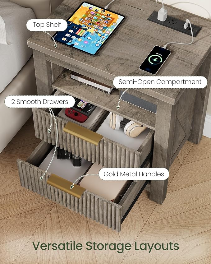 Fluted Nightstand, End Table with Charging Station and 2 Drawers, Farmhouse Nightstands with Fluted Panel, Engineered Wood Side Table for Bedroom Greige MBZ06UFH