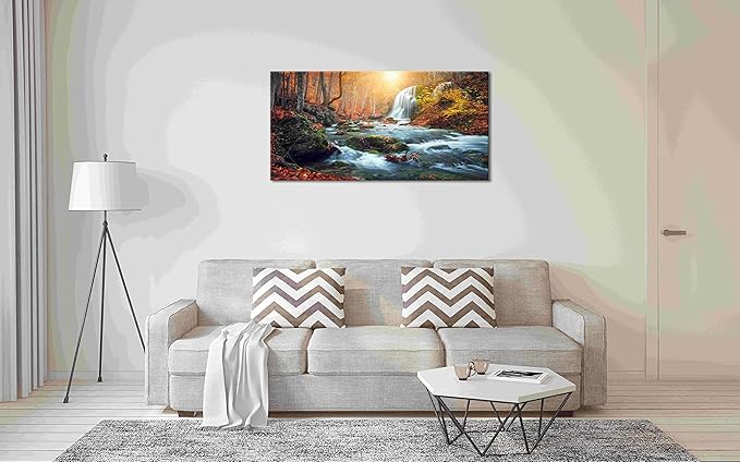 Autumn Waterfall Large Stretched Canvas Wall Art For Living Room Bedroom Home Decoration,Mordern Forest River Print Picture Painting Decor Giclee Artwork,Gallery Wrapped Gift,Inner Frame(30x60)