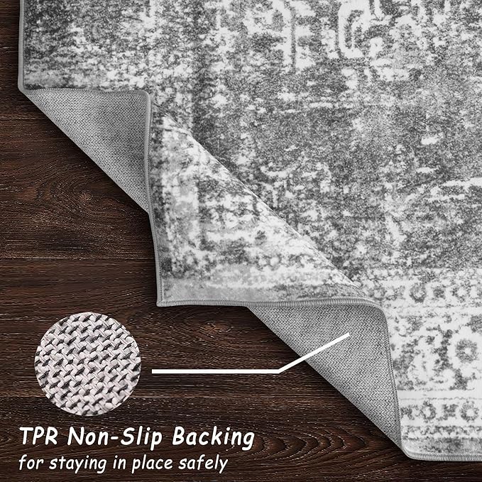 vivorug 4x6 Area Rugs, Stain Resistant Washable Rug for Living Room, Vintage-Inspired Grey Rug
