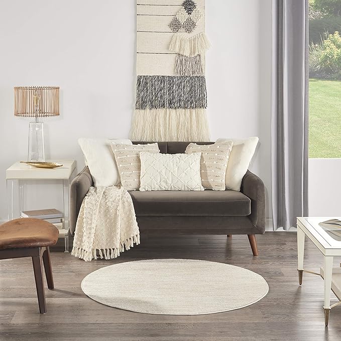 Nourison Essentials Indoor/Outdoor Ivory Beige 4' x Round Area Rug, Easy Cleaning, Non Shedding, Bed Room, Living Room, Dining Room, Backyard, Deck, Patio (4 Round)