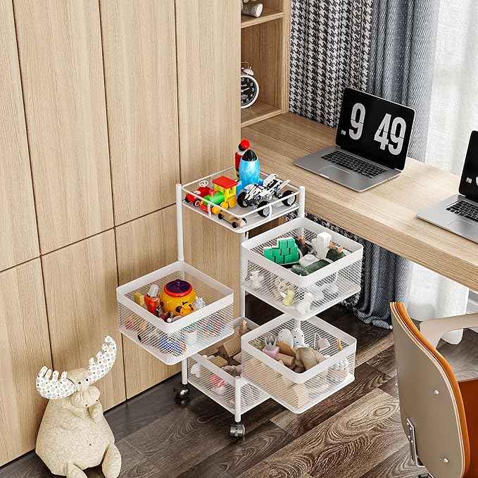 Rotating Kitchen Storage Rack,Fruit and Vegetable Basket Cart,Bathroom Shelf,Kitchen Organization and Storage Rack,Rolling Carts on Wheels(White, 4 Tier-Square)