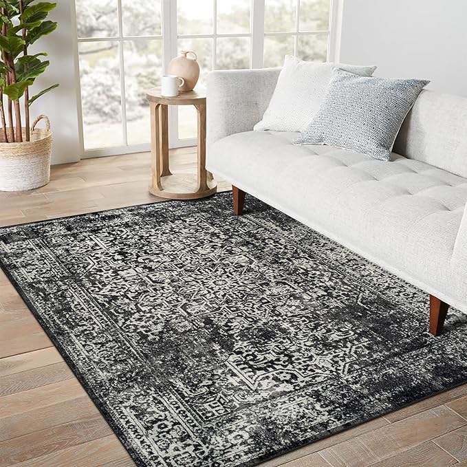 vivorug 9x12 Area Rugs, Stain Resistant Washable Rug for Living Room, Vintage-Inspired Black and White Rug