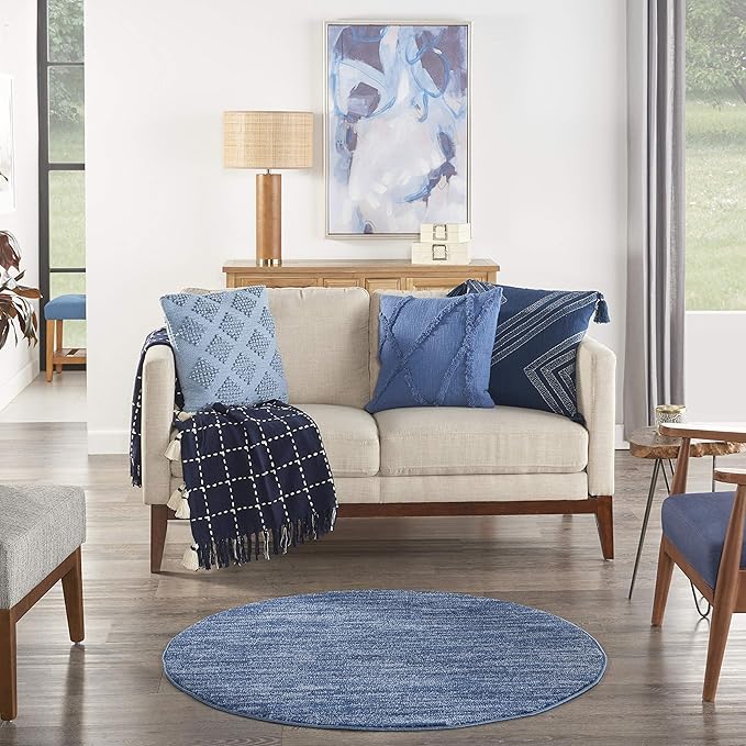 Nourison Home Essentials Indoor/Outdoor Navy Blue 4' x Round Area Rug, Easy Cleaning, Non Shedding, Bed Room, Living Room, Dining Room, Backyard, Deck, Patio (4 Round)