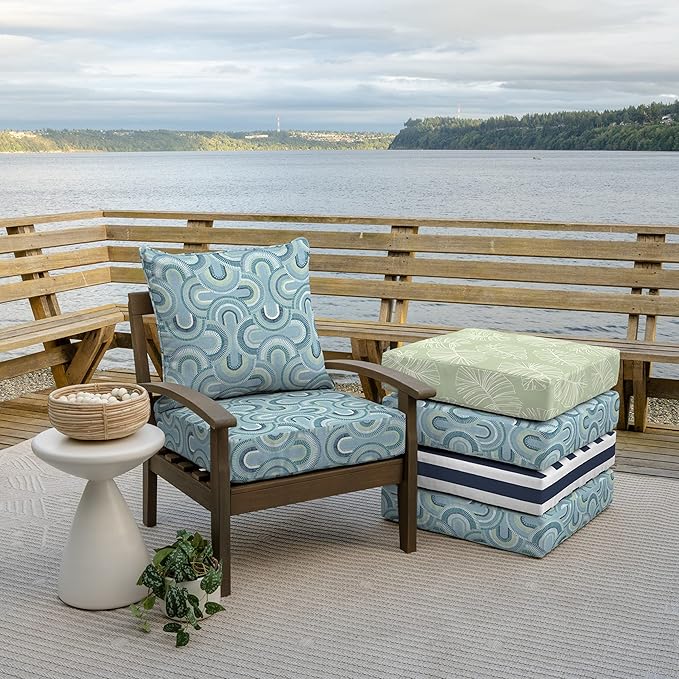 Arden Outdoor Deep Seat Cushion Set, 24 in x 24 in, Weather-Proof, Rain-Proof, Fade Resistant Patio Cushion for Chair, Sofa, and Couch Coastal Blue Geometric